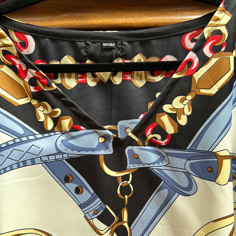 Silk  V Neck Tunic “ Ribbon and Belts”V neck