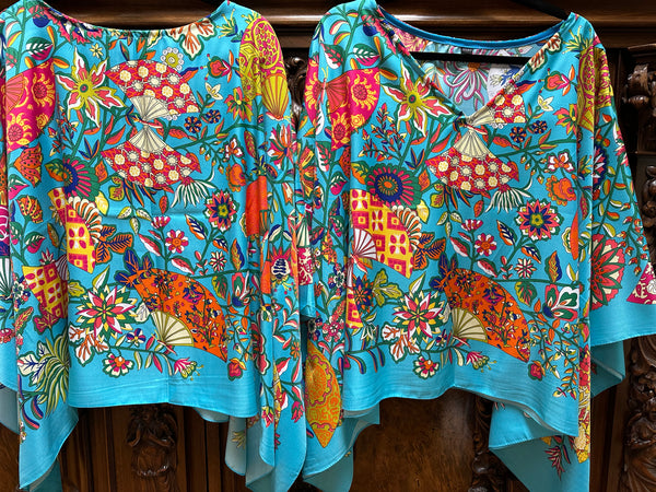 Floral Fans Silk Tunic in Turquoise    V neck or scoop