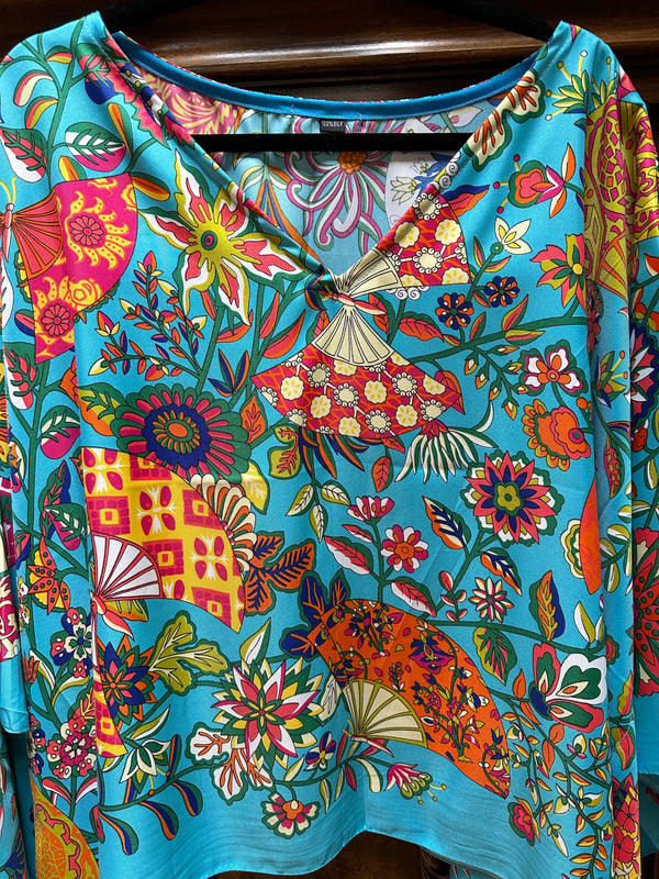 Floral Fans Silk Tunic in Turquoise    V neck or scoop