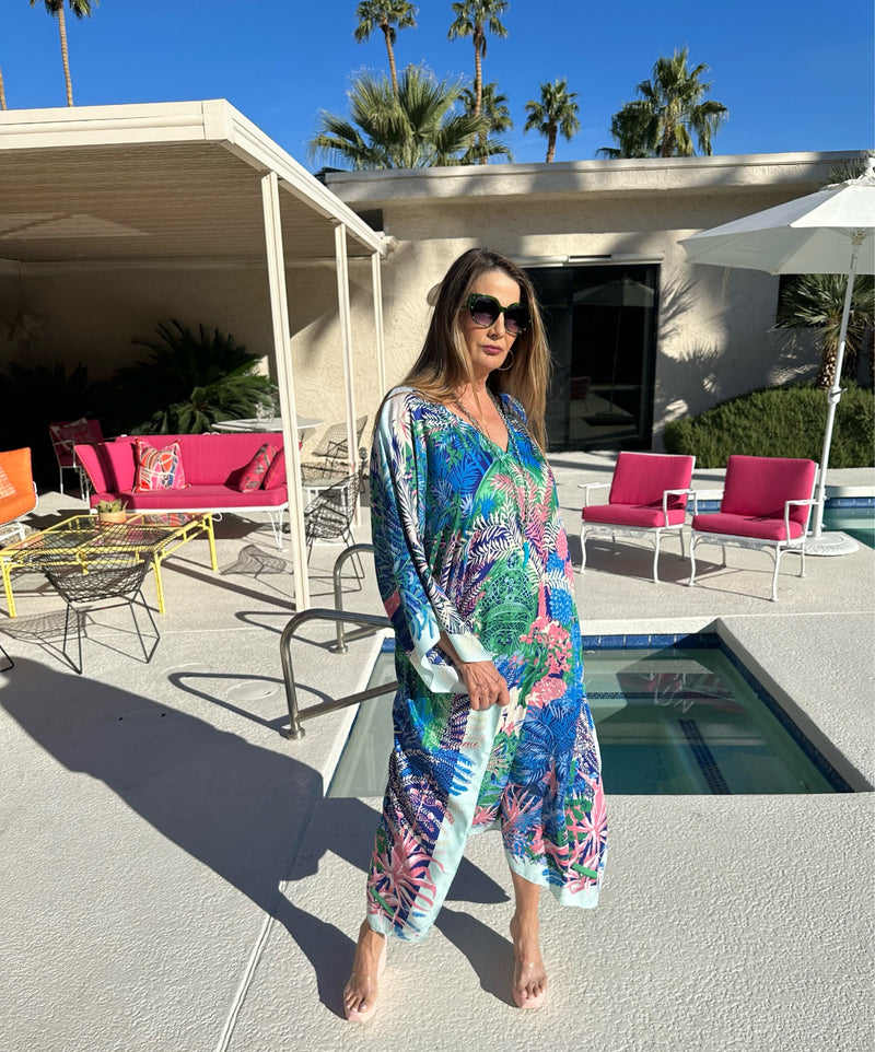 Silk Caftan “Italian Garden “V neck