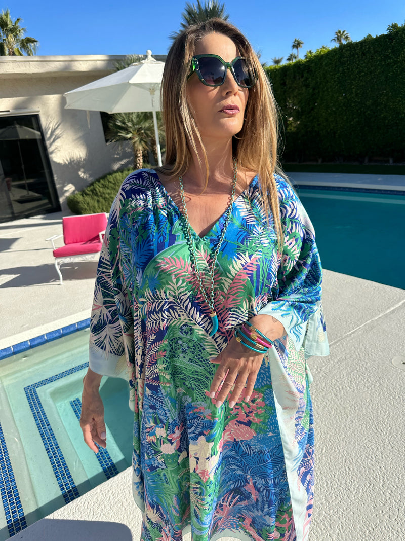 Silk Caftan “Italian Garden “V neck