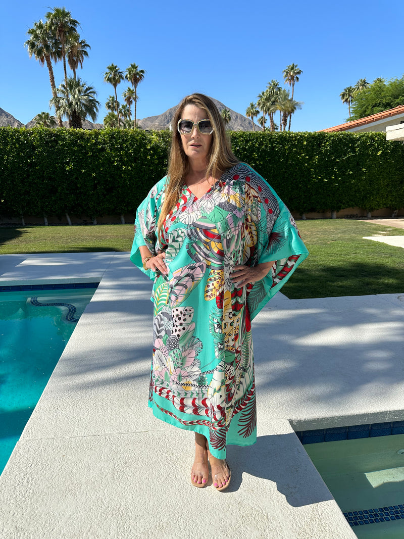 Long Silk Caftan V Neck “ La Plumes”