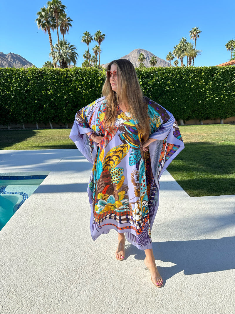Long Silk Caftan V Neck “ Purple Plumes”