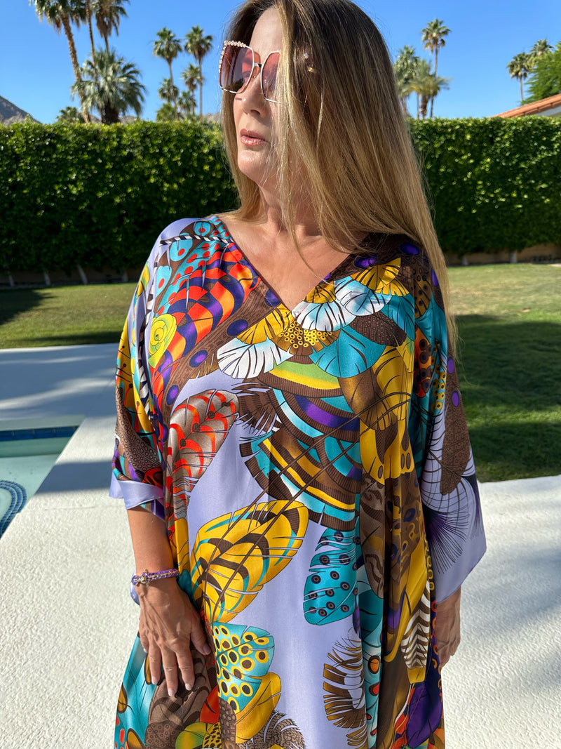 Long Silk Caftan V Neck “ Purple Plumes”
