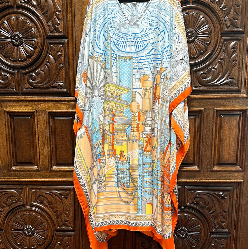 Long Silk Caftan “Shopping in Paris”V Neck