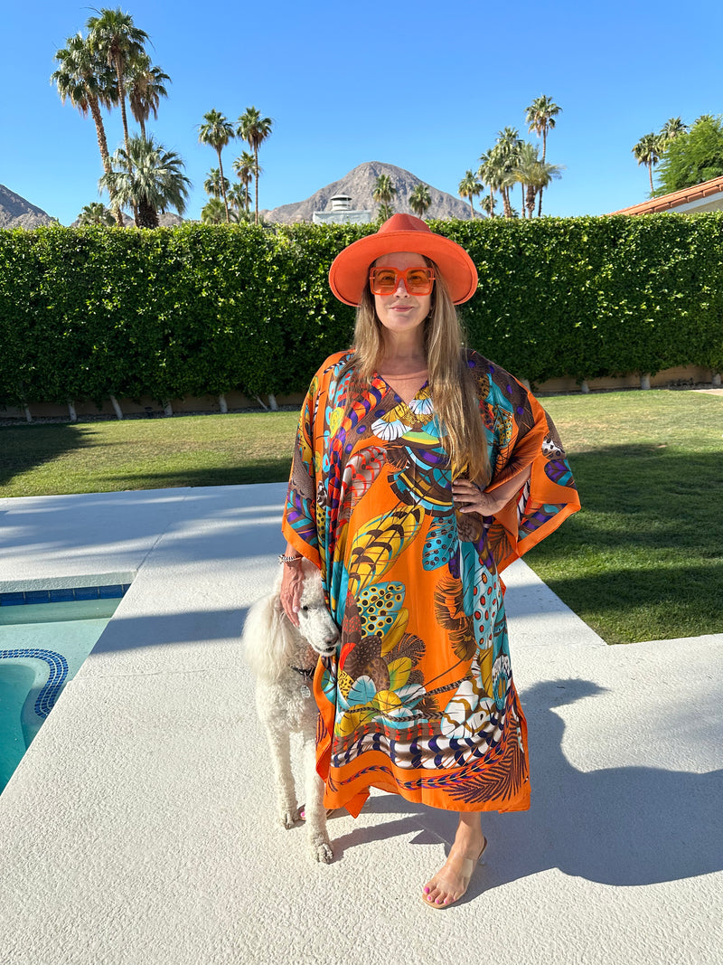 Long Silk Caftan V Neck “Orange Plumes “