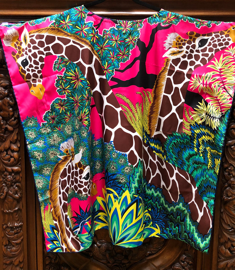 "Garden Giraffes” Short Silk Caftan Brown or Pink