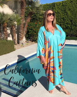 V Neck Silk Caftan “Turquoise Feathers “