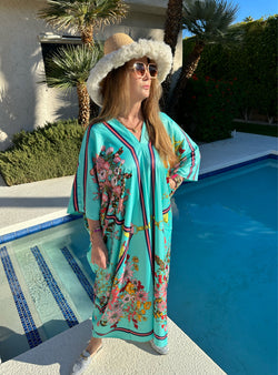 Silk Designer Caftan “Turquoise Floral”