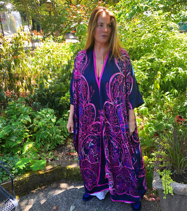 Silk Robe/ Kimono in “La Charm” Navy Blue