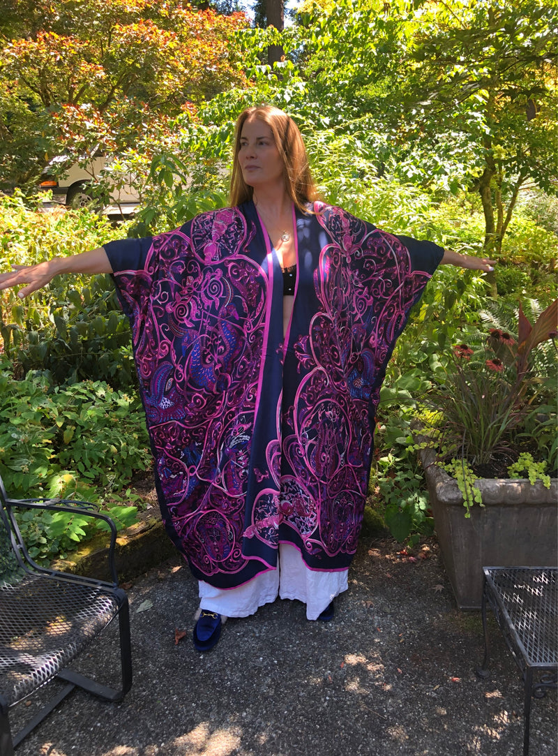 Silk Robe/ Kimono in “La Charm” Navy Blue