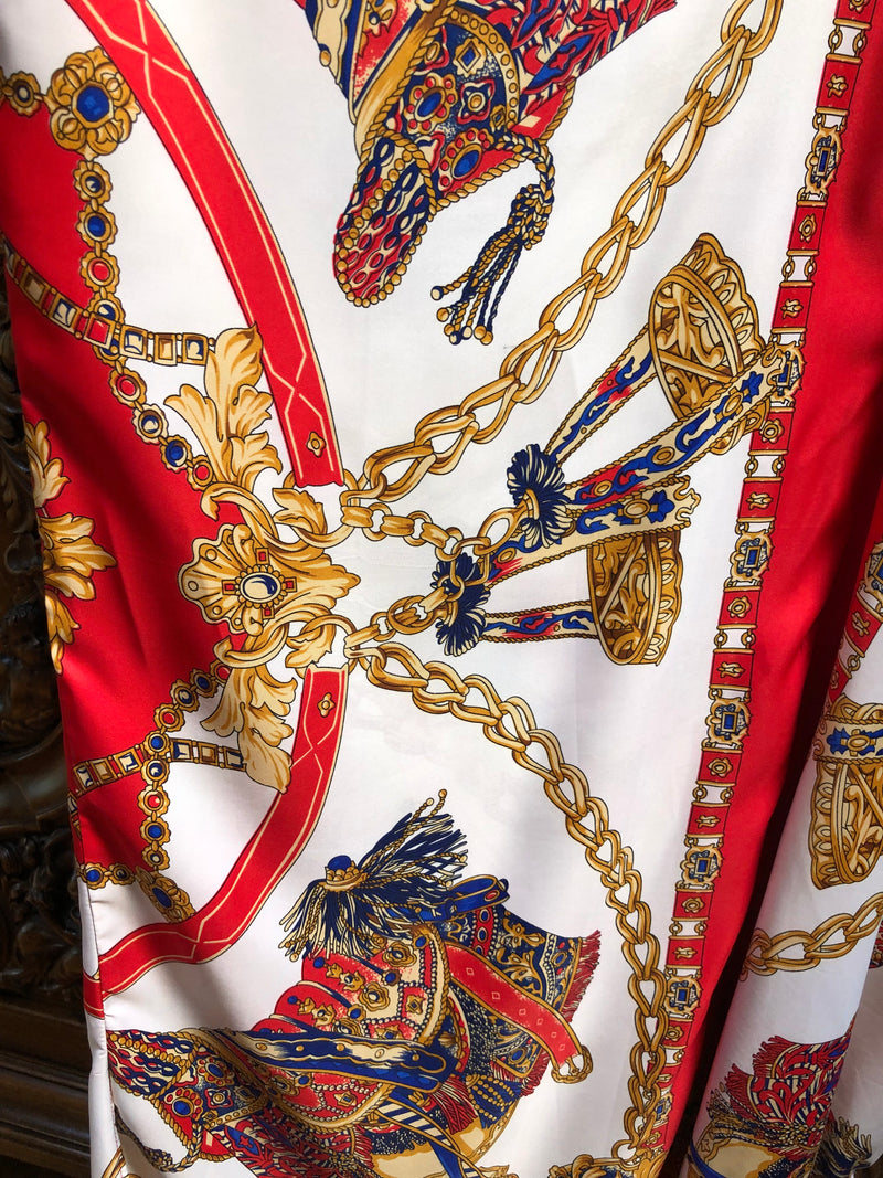 Long Silk Caftan V neck “Royal Saddle’s “ White/Red