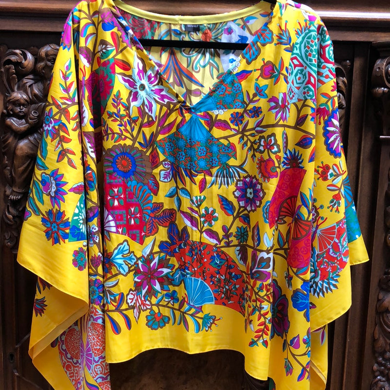 Silk V Neck Tunic “Yellow Butterfly Fans”